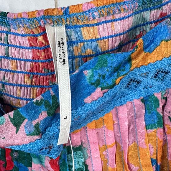 Anthropologie Pintucked Floral Bra Top Square Neck Smock Back Ruffled Blue Large - Picture 8 of 12